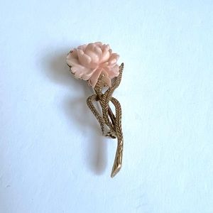 VTG Carnation Rose Floral Flower Brooch Pin with Gold Stem